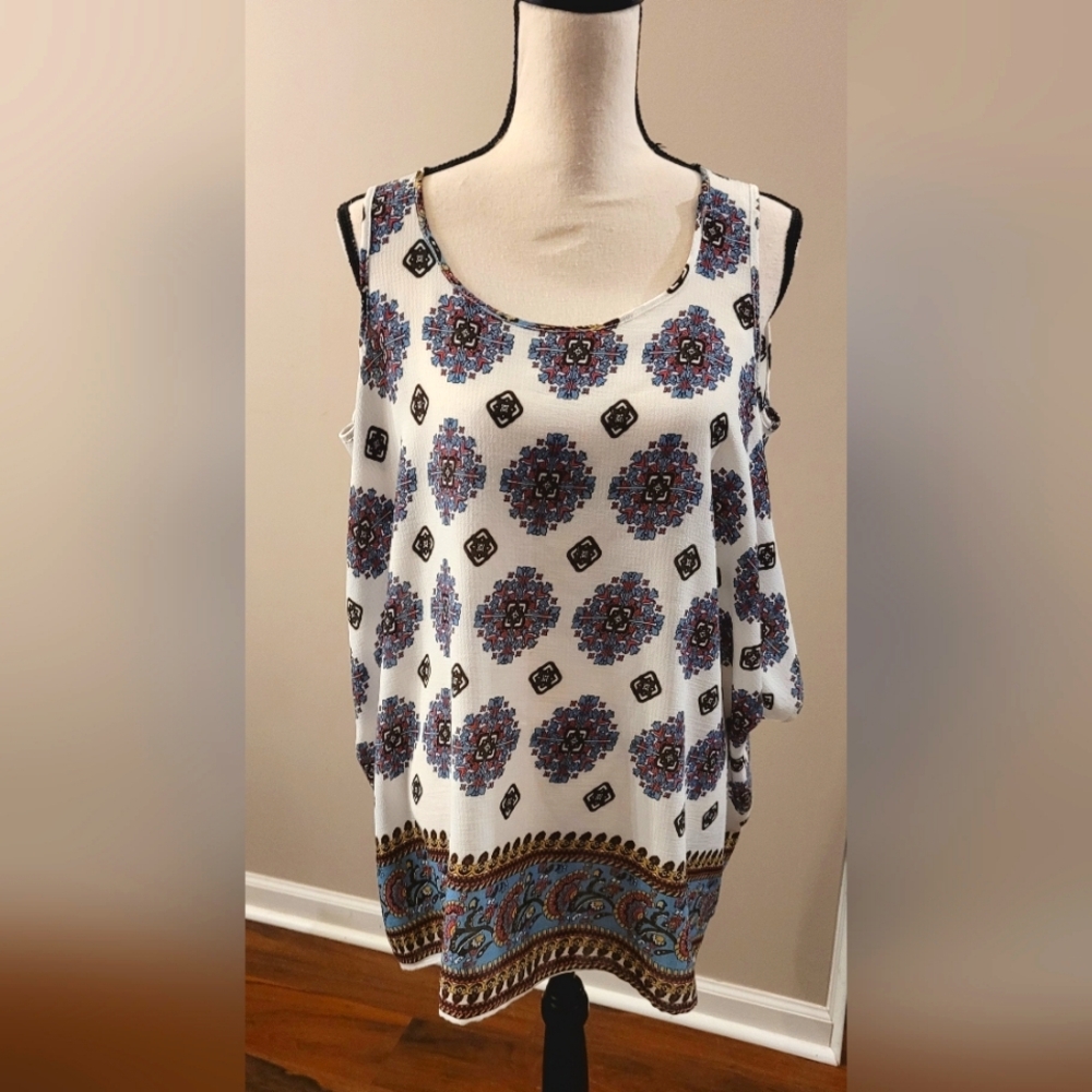 Beautifully Patterned Cold Shoulder Top With Fan Sleeves, One Size